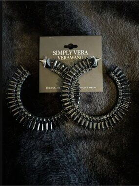 VERA WANG Goth Black Metal/Black Crystal Statement Hoop Earrings**NEW!